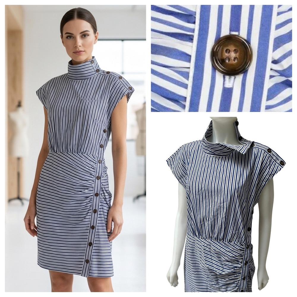 Veronica Beard Arabel Asymmetrical Pinstriped Mock Collar Ruched Dress Size 10